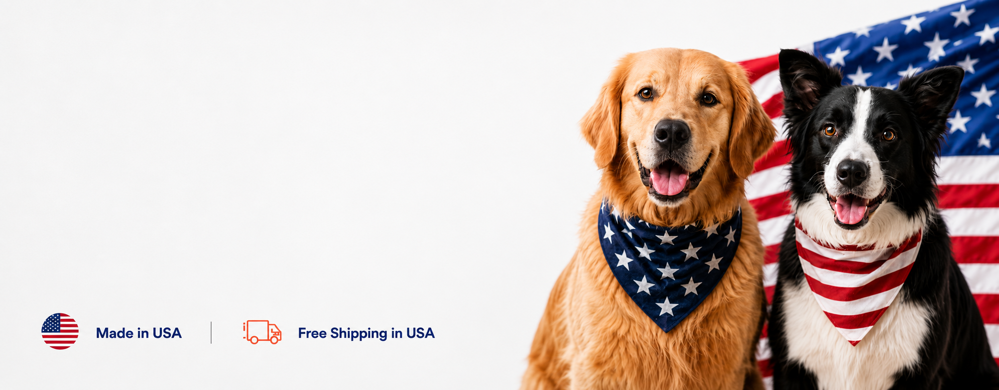 Two dogs wearing patriotic bandanas in front of an American flag, with promotional text on the left reading 'Made in USA' and 'Free Shipping in USA'.