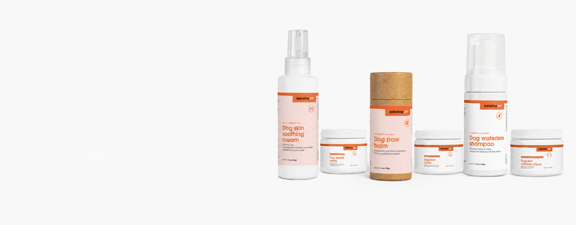 Advelop Pet natural dog care products including paw balm, wipes, skin cream, and waterless shampoo.
