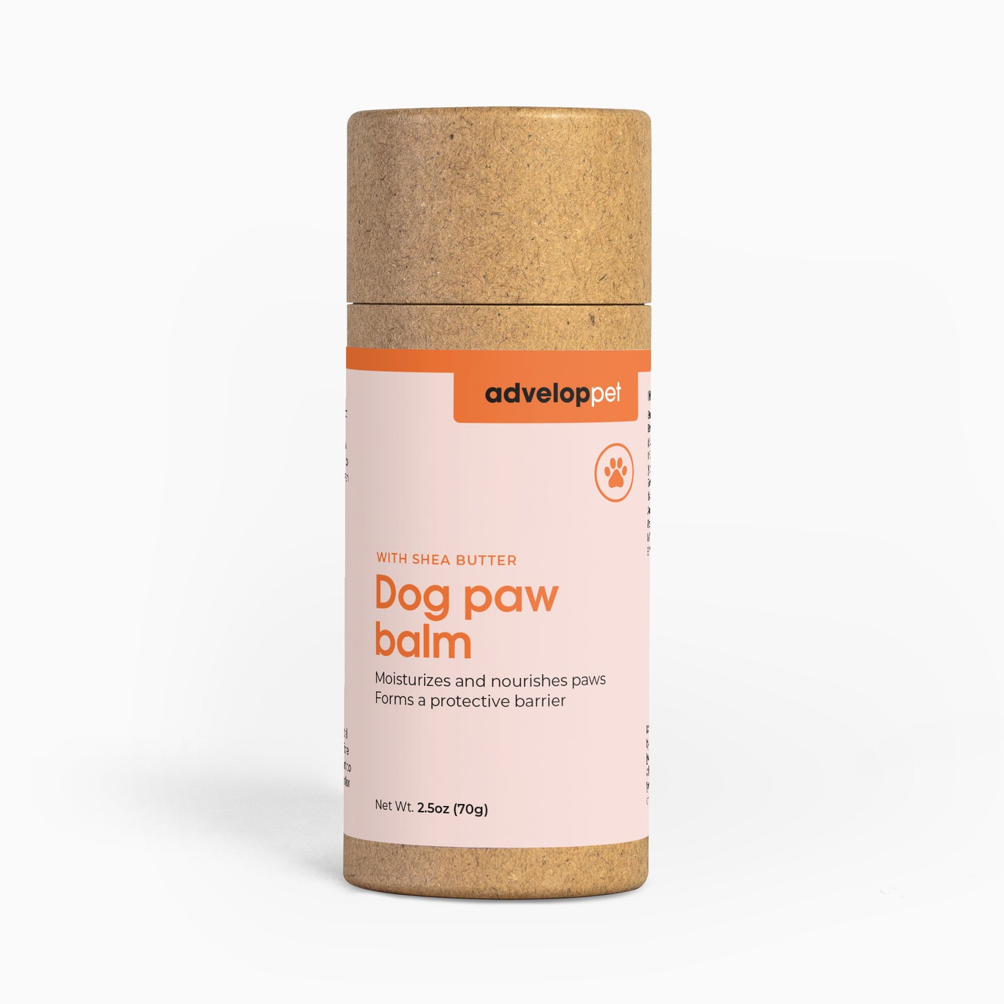 Dog paw balm container with Advelop Pet' branding on a white background