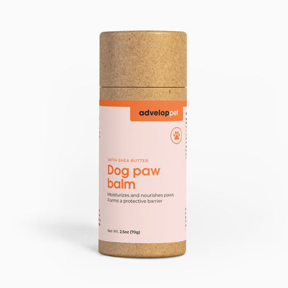 Dog paw balm container with Advelop Pet' branding on a white background
